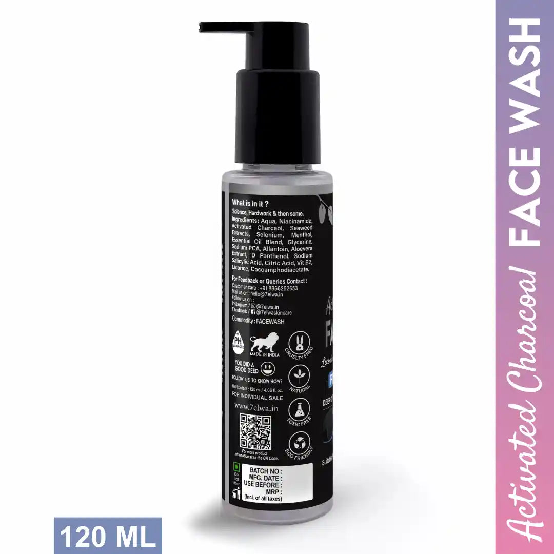 7elwa Activated Charcoal Facewash | with Licorice & Menthol | 2% Salicylic Acid | Skin De-Tanning | Excess Oil Control | 120 ml
