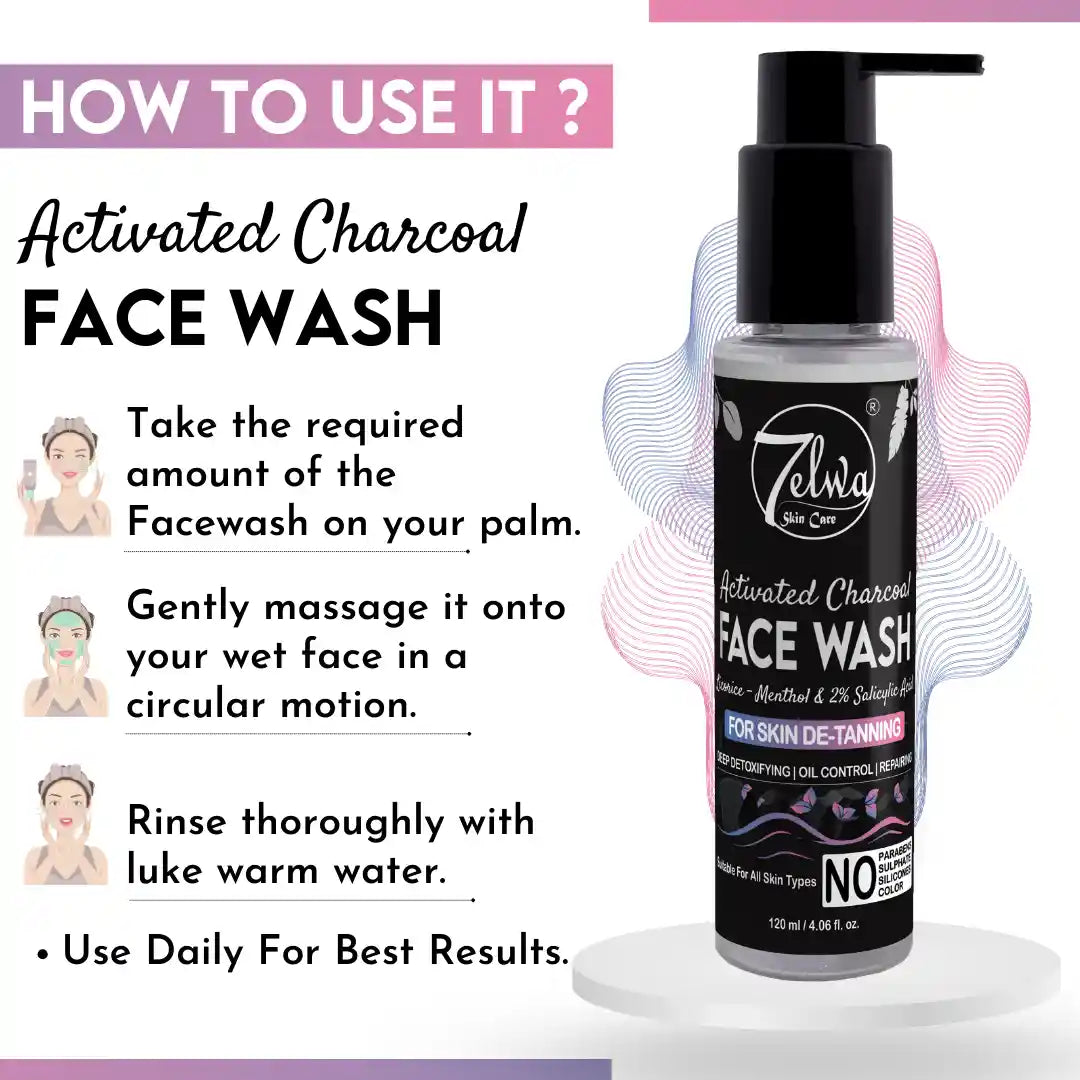7elwa Activated Charcoal Facewash | with Licorice & Menthol | 2% Salicylic Acid | Skin De-Tanning | Excess Oil Control | 120 ml