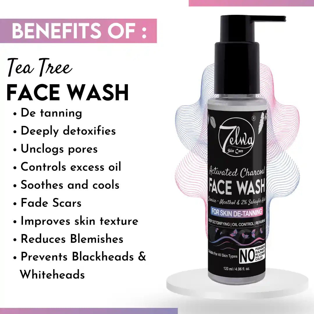 7elwa Activated Charcoal Facewash | with Licorice & Menthol | 2% Salicylic Acid | Skin De-Tanning | Excess Oil Control | 120 ml