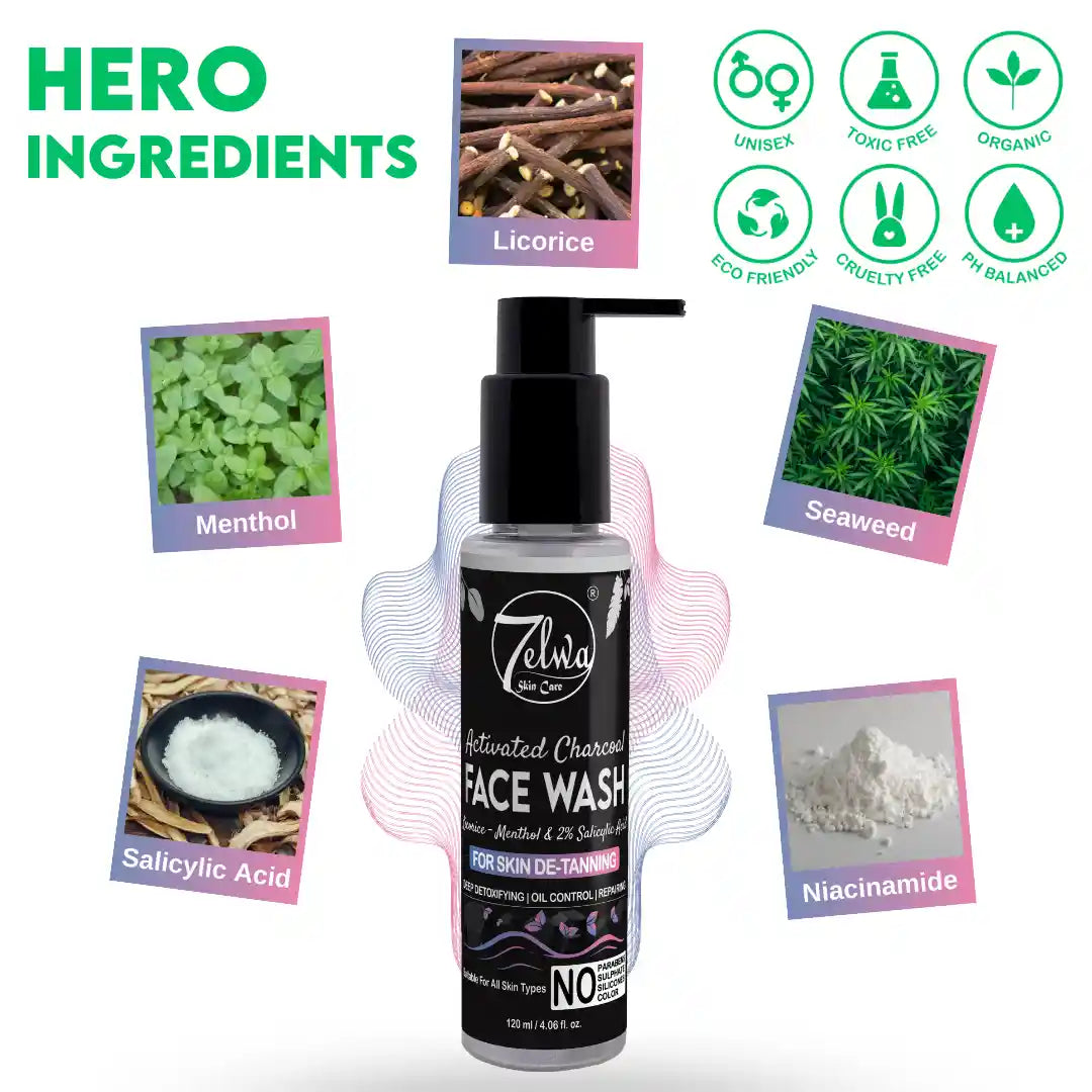 7elwa Activated Charcoal Facewash | with Licorice & Menthol | 2% Salicylic Acid | Skin De-Tanning | Excess Oil Control | 120 ml