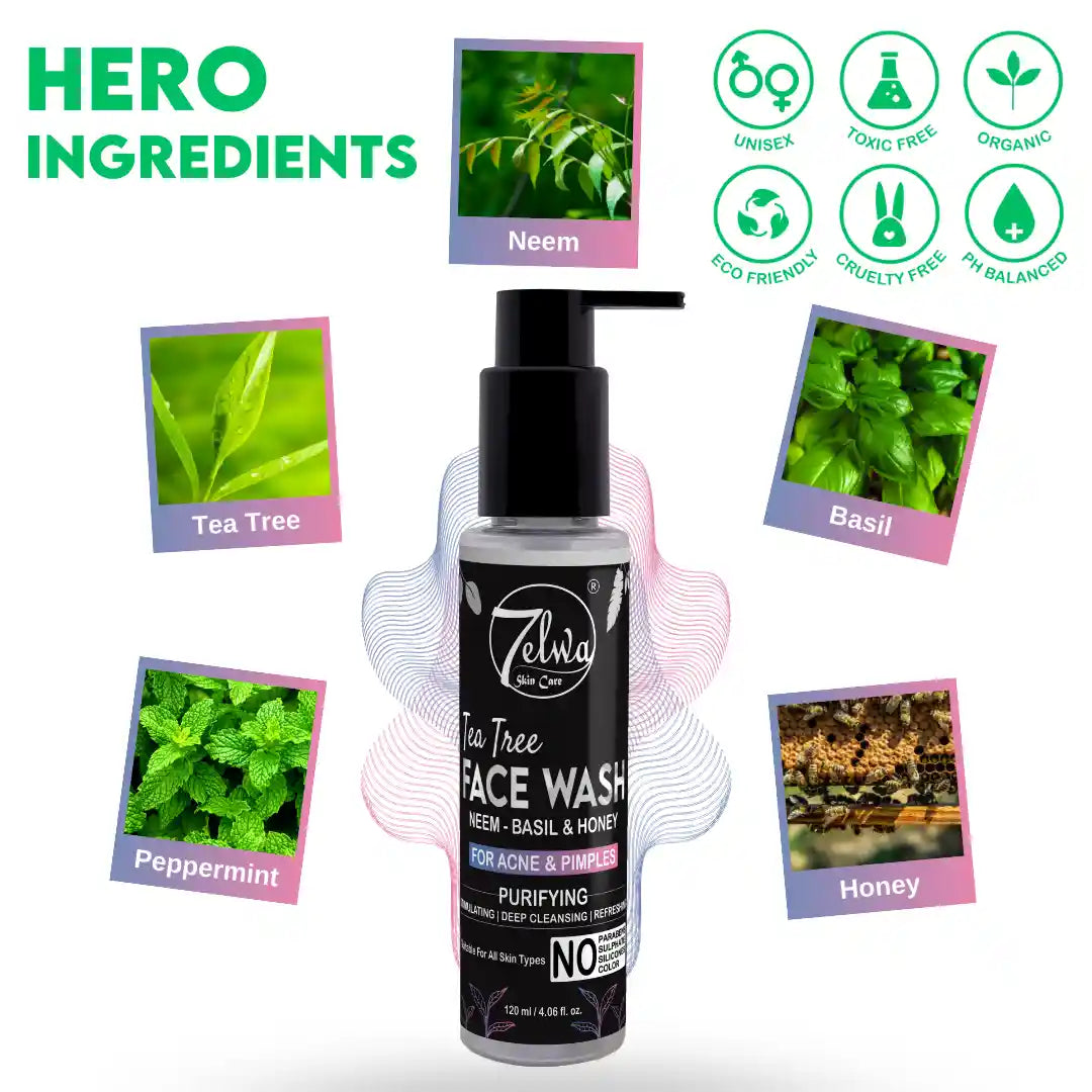 "Bottle of 7elwa Tea Tree Skin Clearing Facewash – purifying herbal formula"