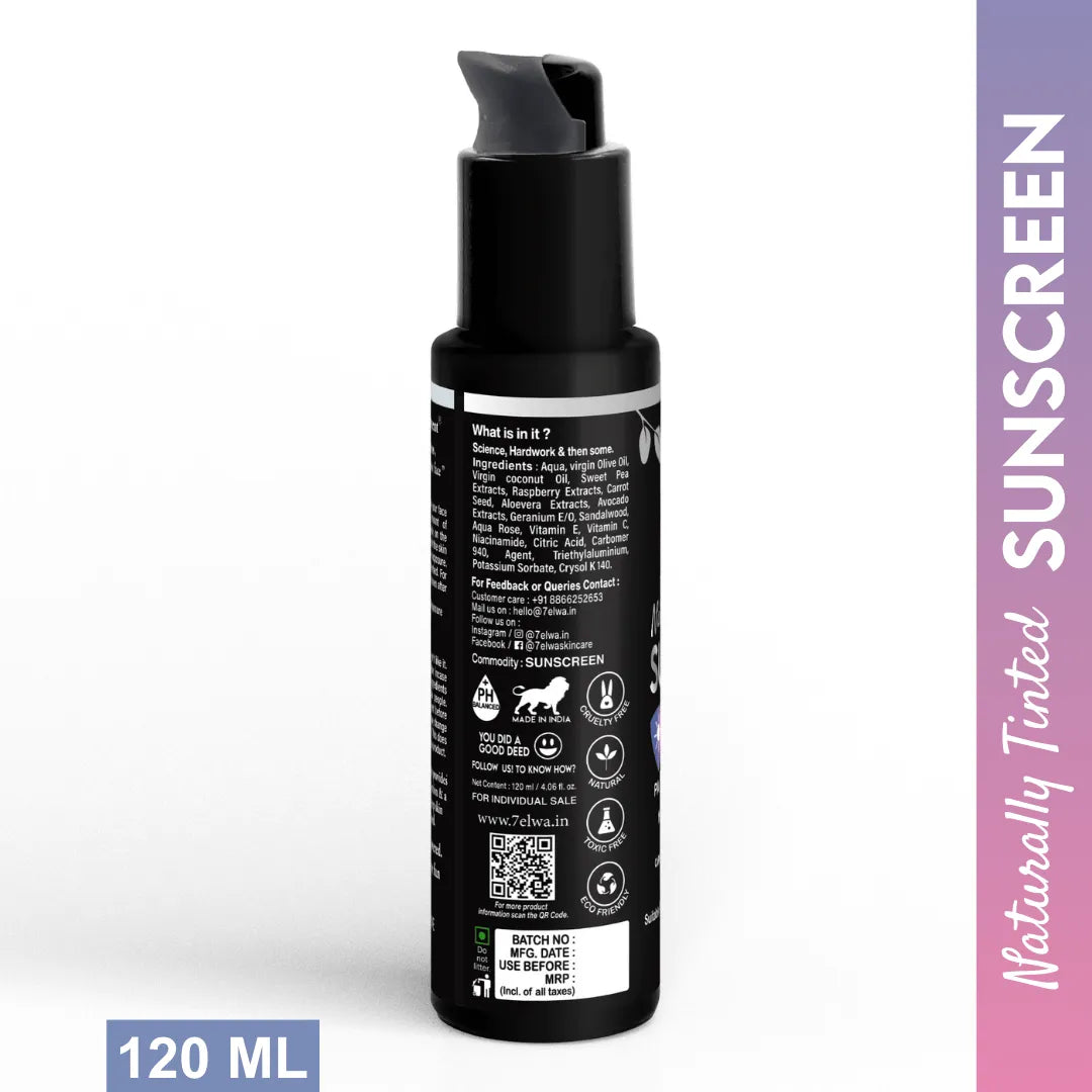 7elwa Naturally Tinted Sunscreen  | SPF 50 | PA++ | Multi Protection | Non Greasy & Matte Finish | 120 ml